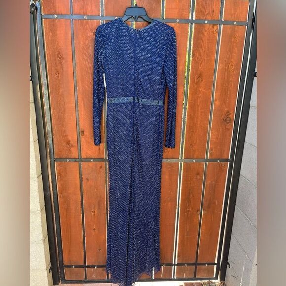 MAC DUGGAL Lattice Beaded Long Sleeve Evening Gown Size 4 Midnight blue NWT - Picture 3 of 14